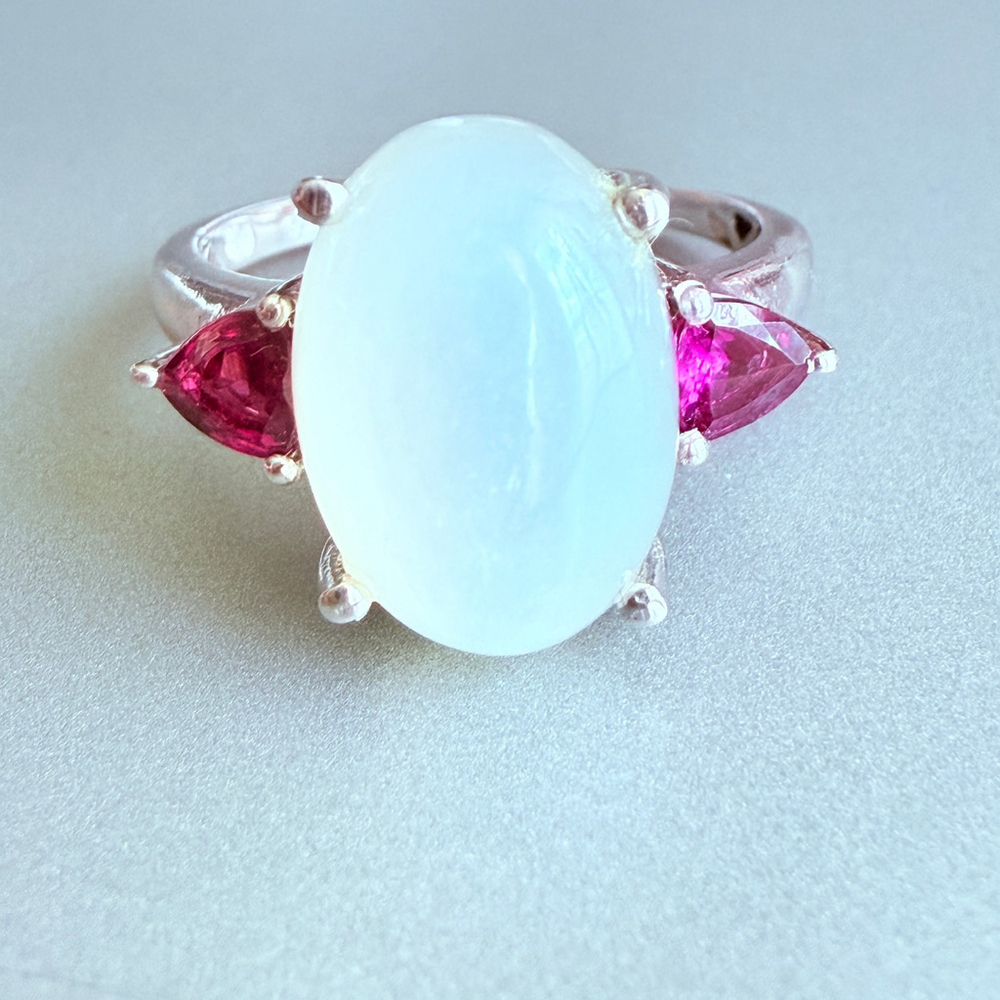6 CT Moonstone Cabochon & Purple Garnet Modern Sterling Silver 925 Ring NEW!